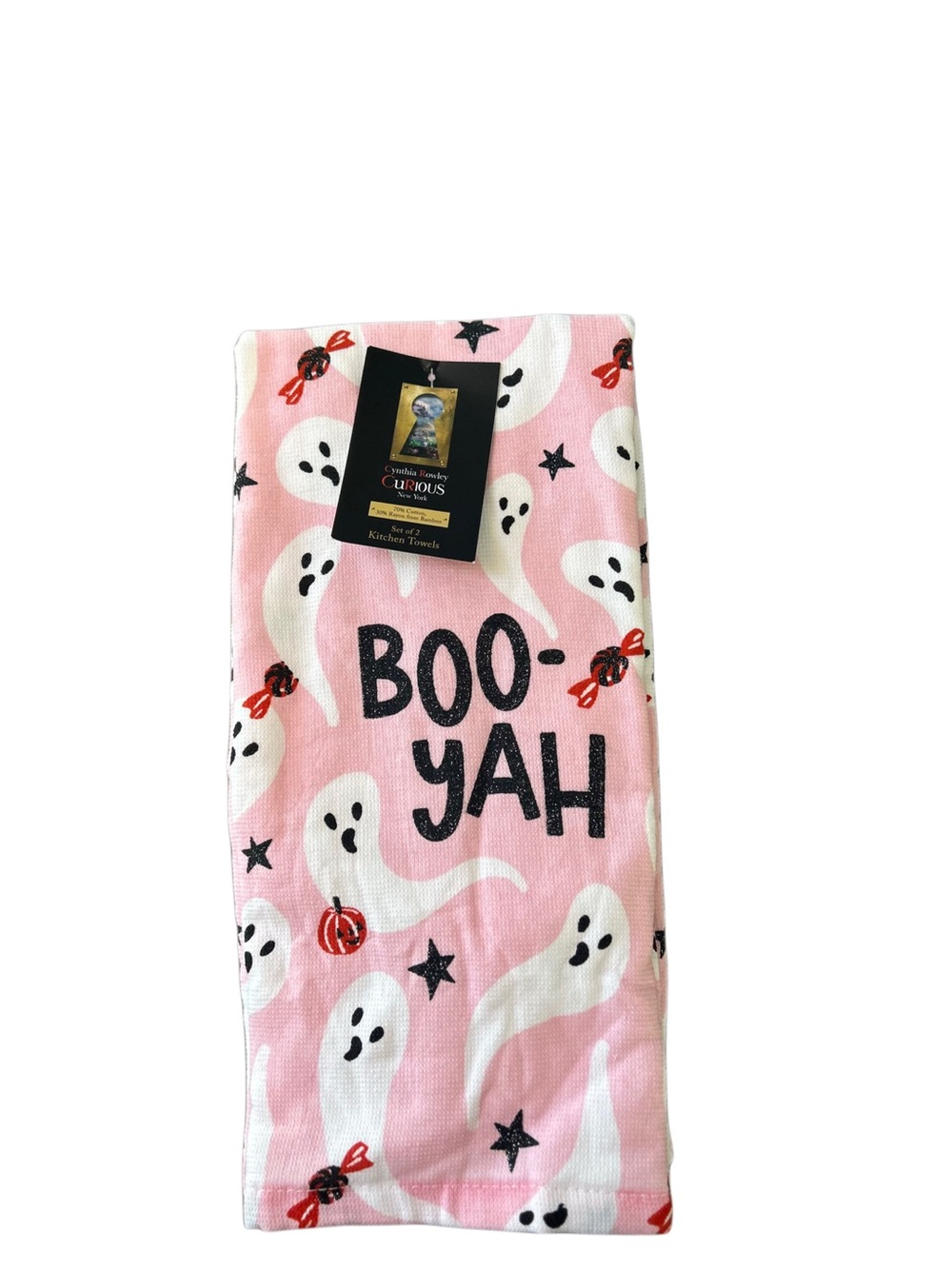 NWT Cynthia Rowley Pink Halloween Ghost Kitchen Towel Set of 2 "BOO-YAH"